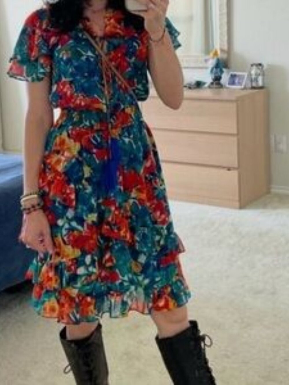 DURO OLOWU Dress Flutter Sleeve Feminine Floral Ruffle Colorful Smock Waist